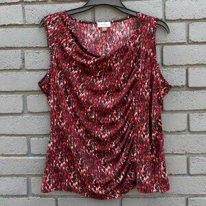 VTG Y2K Clear Sky USA Draped Front Blouse Pleated Top Artsy Abstract Red Cowl